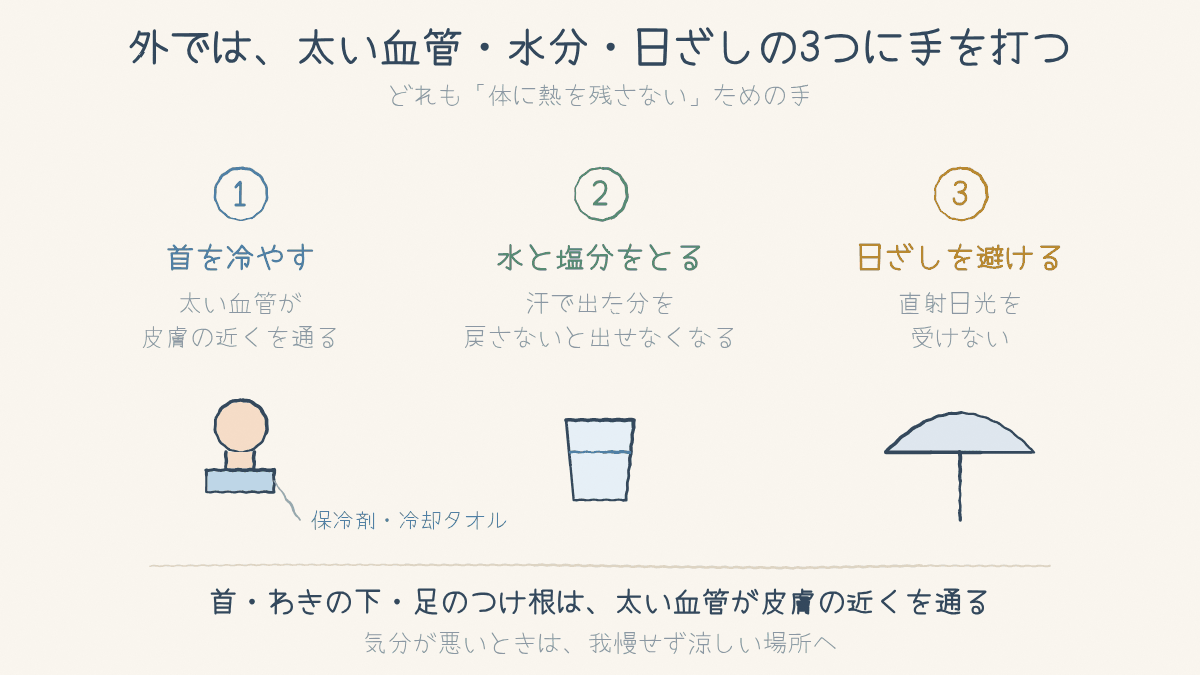 首を冷やす・水と塩分をとる・日ざしを避ける、の3つの手を並べた図